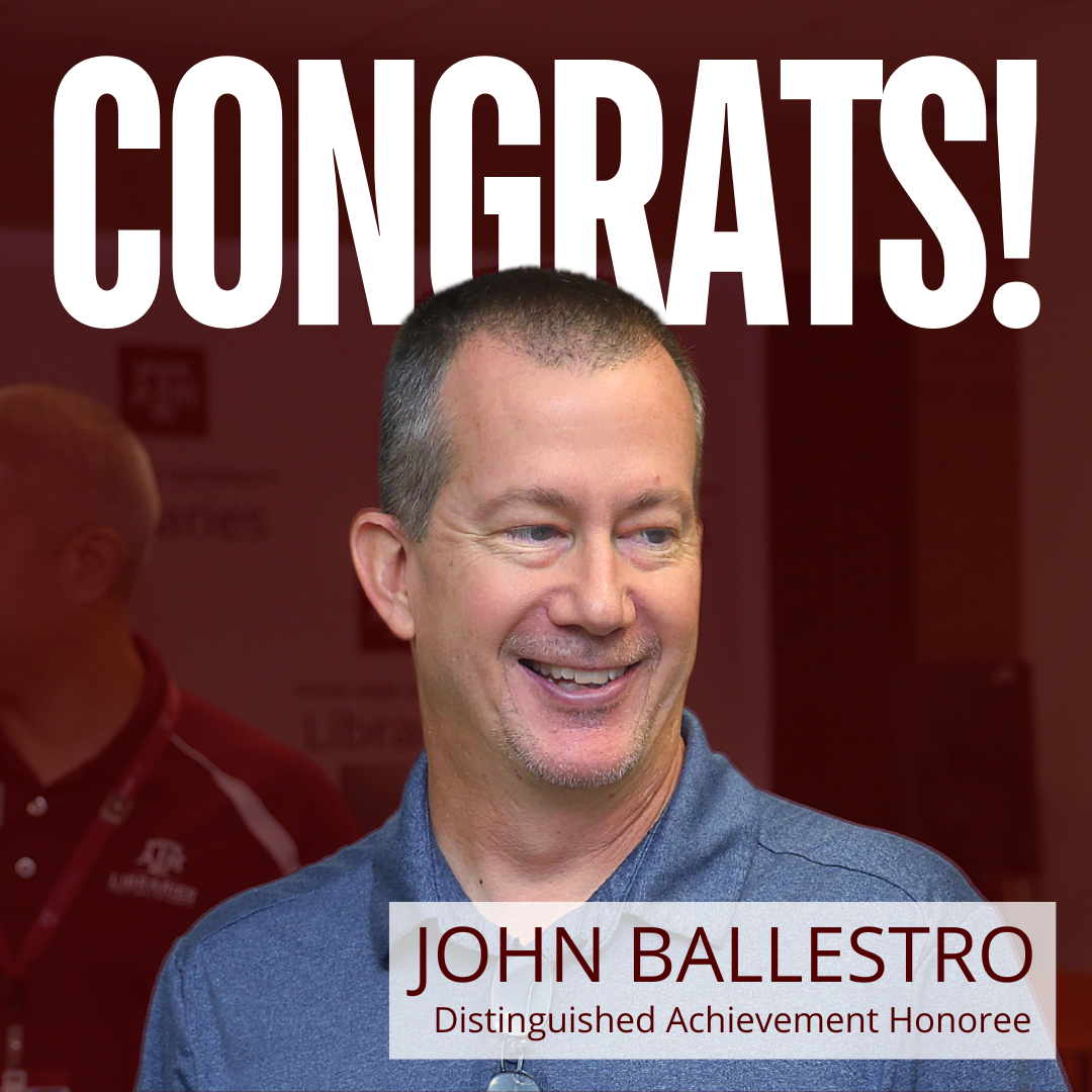 Text: Congrats! John Ballestro, Distinguished Achievement Honoree. Photo of Ballestro smiling. 