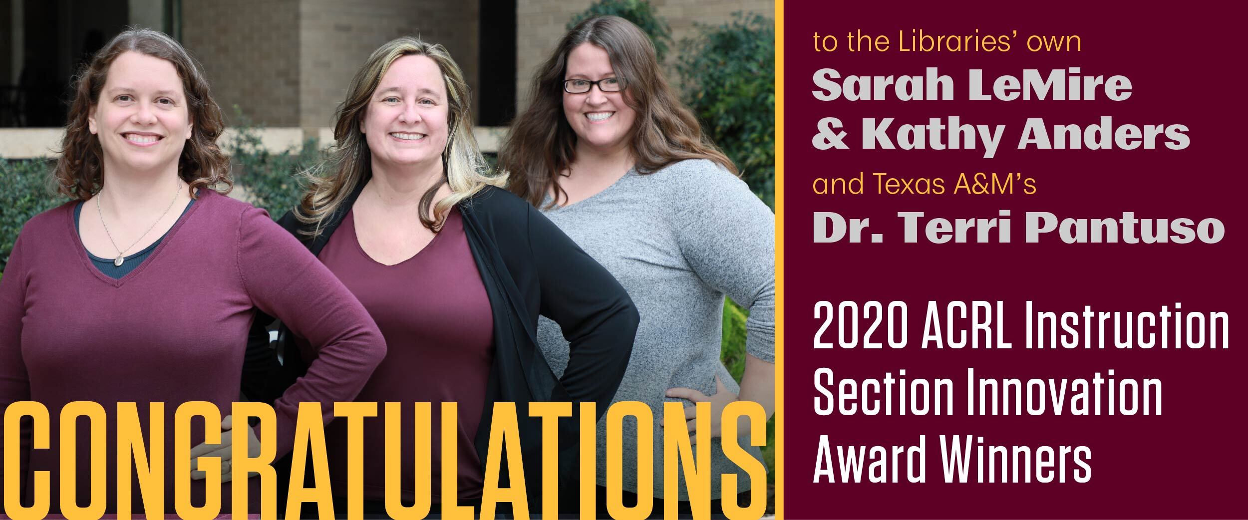 Congratulations to the Libraries' own Sarah LeMire and Kathy Anders, and Texas A&M's Dr. Terri Pantuso, as 2020 ACRL Instruction Section Innovation Award Winners.
